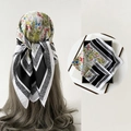 Floral satin silk square scarf with colorful petals and geometric black-white borders - L7348-Black