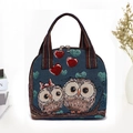 Ethnic owl jacquard woven tote bag in navy blue canvas with colorful striped handles - Couple Owl