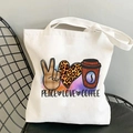 White canvas tote bag featuring Peace Love Coffee colorful printed art and wide handles - Color Block Splicing Pattern Style (B100300-TBWH-M)