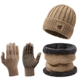 Unisex khaki knitted hat, scarf, and touch screen gloves set with warm fleece lining - Hat + Neck Warmer + Gloves / Khaki + Gloves 3-Piece Set