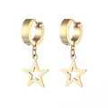 Detail of golden stainless steel hoop earrings with hollow star charms on white background - Ear Buckle / Gold