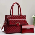Red woven pattern patent leather tote bag with matching pouch and golden hardware - Woven Pattern Sub-bag Style / Red