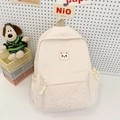 Cream white canvas school backpack for kids with cute cat badge and letter pattern - With Pendant / Off White