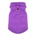 Close-up of purple fleece dog vest featuring durable metal D-ring and soft texture - Purple