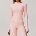 Slim fit light pink yoga set with stand collar zipper jacket and thumbhole sleeves - S / Tops / Peach Pink