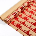 Brown kraft wrapping paper roll with metallic red reindeer and pine tree patterns - Gold Stamped Snow Deer / 0.43*3m