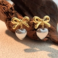 Eleganti orecchini a fiocco placcati oro 18K con ciondolo a cuore in argento bicolore - Design a Contrasto Bicolore 2 / Bicolore (Fiocco d'Oro + Cuore d'Argento)