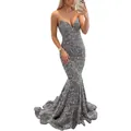 Silver sequin fishtail evening dress with a deep V-neck and slim fit silhouette - US size 2 (S) / Bottoms / Gray