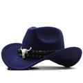 Detail of western cowboy hat featuring ethnic band and silver metal bull head ornament - Navy Blue