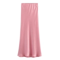Gros plan détaillé sur la texture satinée rose et la taille élastique de la jupe midi - XS / Rose