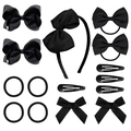 15-piece black ribbed bow hair clip and accessory set for girls on a white background - Black