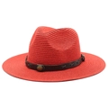 Detail of red fedora hat with brown leather band and decorative metal buckle accents - M (56-58cm) / Red