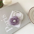 Elegant purple camellia flower hair scrunchie with white pearl beads and silk texture - Camellia Pearl Style / Purple