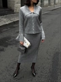 Elegant grey knit two-piece set featuring a v-neck cardigan and midi pencil skirt - S / Gray