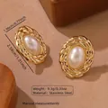 Vintage gold stainless steel stud earrings featuring oval imitation pearl inlay - Woven Texture Artificial Pearl Earring (FYD6136)