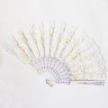 Elegant white lace folding fan with gold rose embroidery and white plastic ribs - White