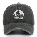 Close-up of Bigfoot embroidery and Hide & Seek Champion text on gray washed baseball cap - One Size / Army Green