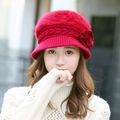 Women's red winter beret featuring plush knit fabric and delicate flower detail - One Size / Red (Mink Flower Style)