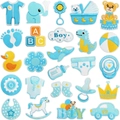 Set mit 25 blauen Baby-Aufnähern zum Aufbügeln mit Fläschchen- und Schaukelpferd-Motiv - 25er-Set Babyjungen-Thema