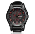 CURREN Men's black quartz sports watch with red indexes and leather strap - Black Strap/Black Dial (Decorative Sub-dials)