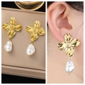 Elegant gold flower stud earrings with baroque pearl drops for women fashion - 30# Gold Flower Baroque