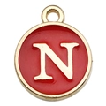 Golden round pendant with red enamel finish and raised letter N for DIY jewelry - Double-Sided Letter N / 1 Piece (12x14mm) / Red