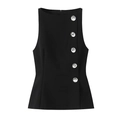 Top nero senza maniche da donna con cinque grandi bottoni di strass su fondo bianco - XS / Tops