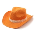Close-up of bright orange woven straw fedora featuring elegant white lace trim detail - M (56-58cm) / Orange