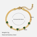 Golden stainless steel snake chain bracelet with five green heart-shaped gemstones - Heart Bracelet