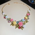 Detail of flower necklace with pink and blue roses, pearls and sparkling rhinestones - Multicolor Rose Necklace