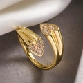 Irregular gold double heart open ring featuring sparkling pavé zircon stones - Adjustable Open / Gold Double Heart Style (14119)