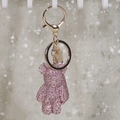 Detail of pink crystal studded bear keychain with gold plating and lobster clasp - Pink