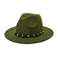 Detail of olive green fedora hat featuring black leather band and silver studs - M (56-58cm) / Army Green