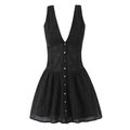 Abito corto nero smanicato da donna con scollo a V e ricami floreali traforati chic - S / Nero