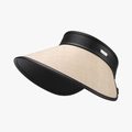 Women's beige straw visor hat with black PU leather trim and metal detail - Black