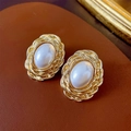Elegant gold-plated oval pearl earrings with vintage twisted metal frames for women - Gold Oval Twisted Border Pearl Style (27#)