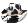 Close-up of fluffy cow print wool felt cowboy hat with woven cord and metal buckle - Heart-shaped Top Black