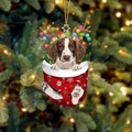 Springer Spaniel Welpe in roter Weihnachtstasche Ornament mit Rentiergeweih Dekor - Springer Spaniel