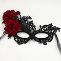 Elegant black lace masquerade mask with dark red roses and silk ribbons for party - Double Rose Black Phoenix (5091165503783)