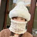 Close-up of beige cable knit hat and thick fleece scarf set with fluffy faux fur trim - Pineapple Pom Pom / White