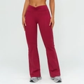 High-waist flared yoga pants in dark red featuring a V-shaped crossover pleated waistband - S / Cherry Red