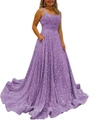 Sleeveless purple sequin A-line prom dress with thin straps and side pockets - US size 2 (S) / Top And Bottom / Light Purple