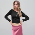 Top corto nero a maniche lunghe in maglia da donna con texture a costine e scollo rotondo - S / Nero