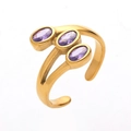 Gold plated stainless steel open ring featuring three oval purple zircon gemstones - Gold+Purple