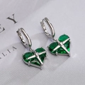 Minimalist gold-plated heart earrings featuring green crystals and silver star motifs - Heart Cross Star Earrings / Silver Emerald Green
