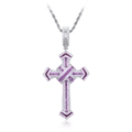Hip hop silver cross pendant necklace with pink rectangular and clear zircons - With 60cm Chain / Silver with Red Stone