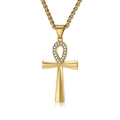 Collana con croce Ankh in oro lucido da uomo con cristalli incastonati e riflesso nitido - Colore Oro + Catena PL002 3mm*60cm