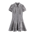 Women's grey and white plaid mini dress with shirt collar and layered ruffle hemline - XS / Gray White Plaid