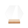 Número de mesa hexagonal en acrílico transparente con soporte de base en madera natural - Grande con Base de Madera