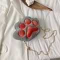 Cute grey 3D plush cat paw crossbody bag with soft faux fur and a gold metal chain strap - Light Gray